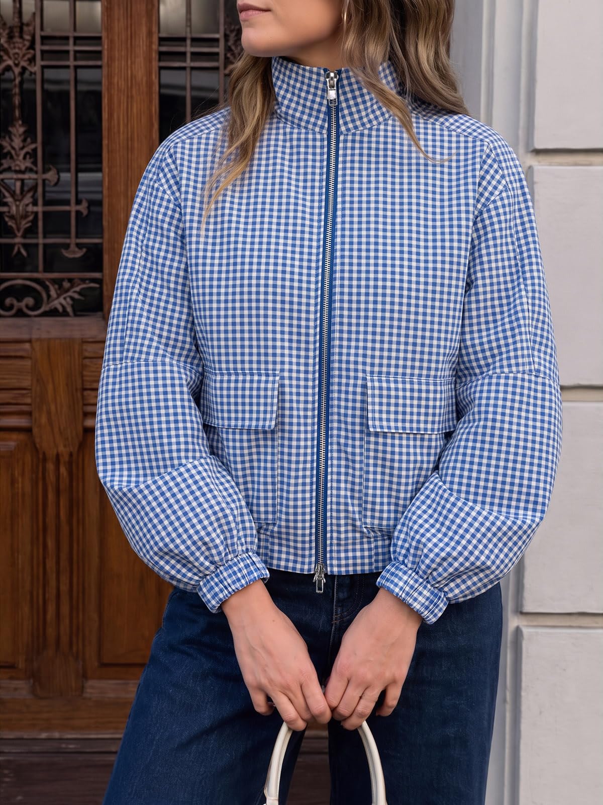 Womens Cropped Plaid Jacket Zip Up Lightweight Casual Coat with Pockets