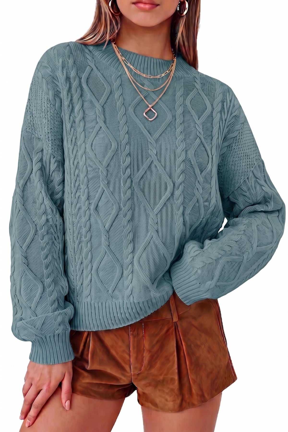 Arach&Cloz Women's Oversized Cropped Cable Knit Casual Sweater Tops