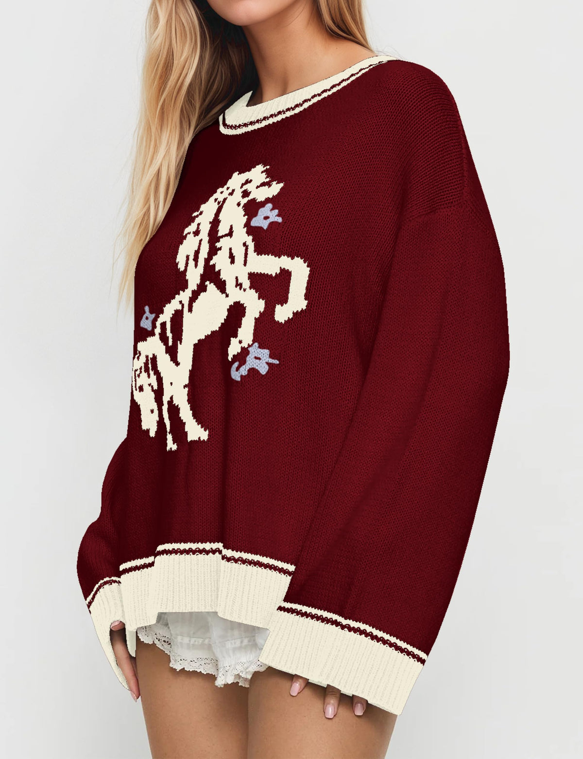 Women Oversized Horse Sweater Y2k Graphic Knit Pullover Long Sleeve Crewneck Aesthetic Horse Sweater Tops