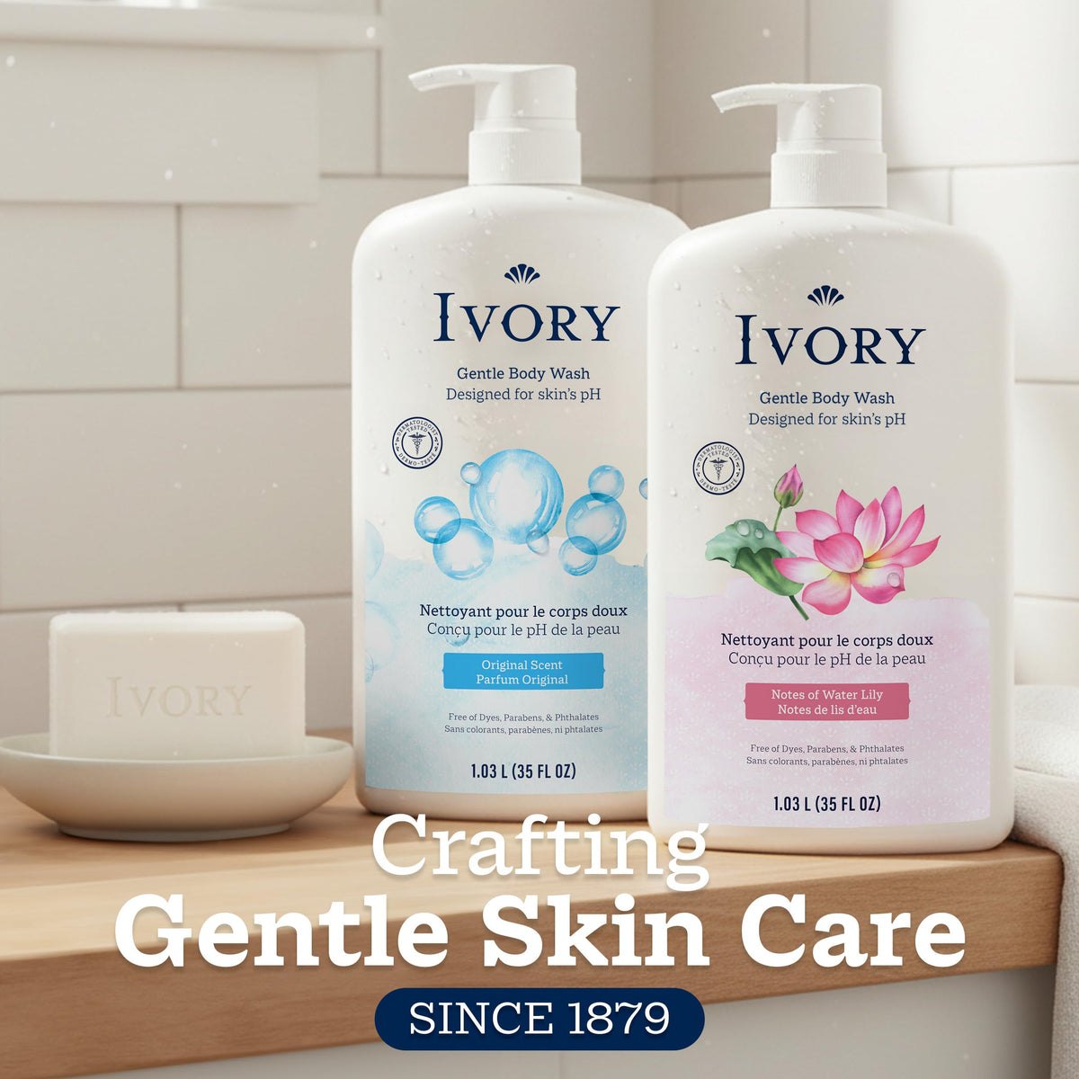 Ivory Body Wash, Designed for the Whole Family, Gentle Formula, Free of Dyes Heavy Perfumes Parabens Phthalates & Silicones, for Sensitive Skin, Designed for Skin's pH, Original Scent, 35 oz