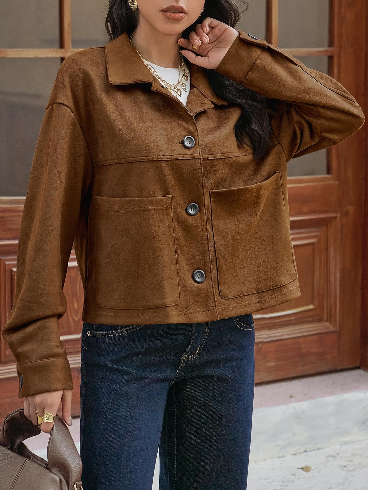 Tankaneo Womens Cropped Faux Suede Leather Jackets Lapel Collar Shackets