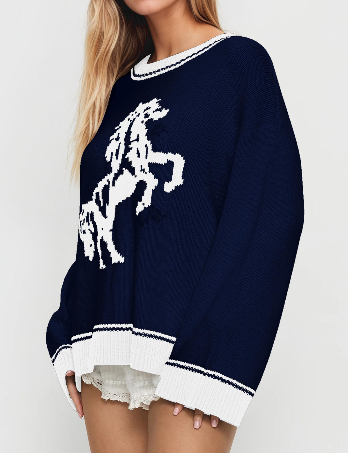 Women Oversized Horse Sweater Y2k Graphic Knit Pullover Long Sleeve Crewneck Aesthetic Horse Sweater Tops