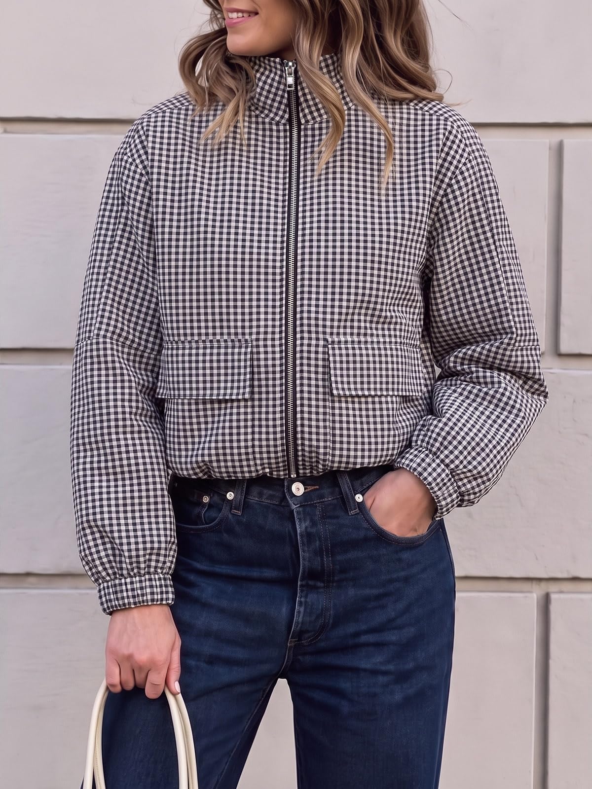 Womens Cropped Plaid Jacket Zip Up Lightweight Casual Coat with Pockets