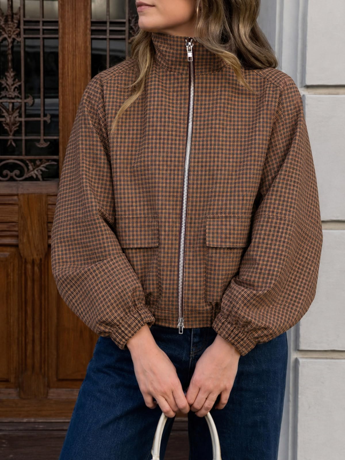 Womens Cropped Plaid Jacket Zip Up Lightweight Casual Coat with Pockets