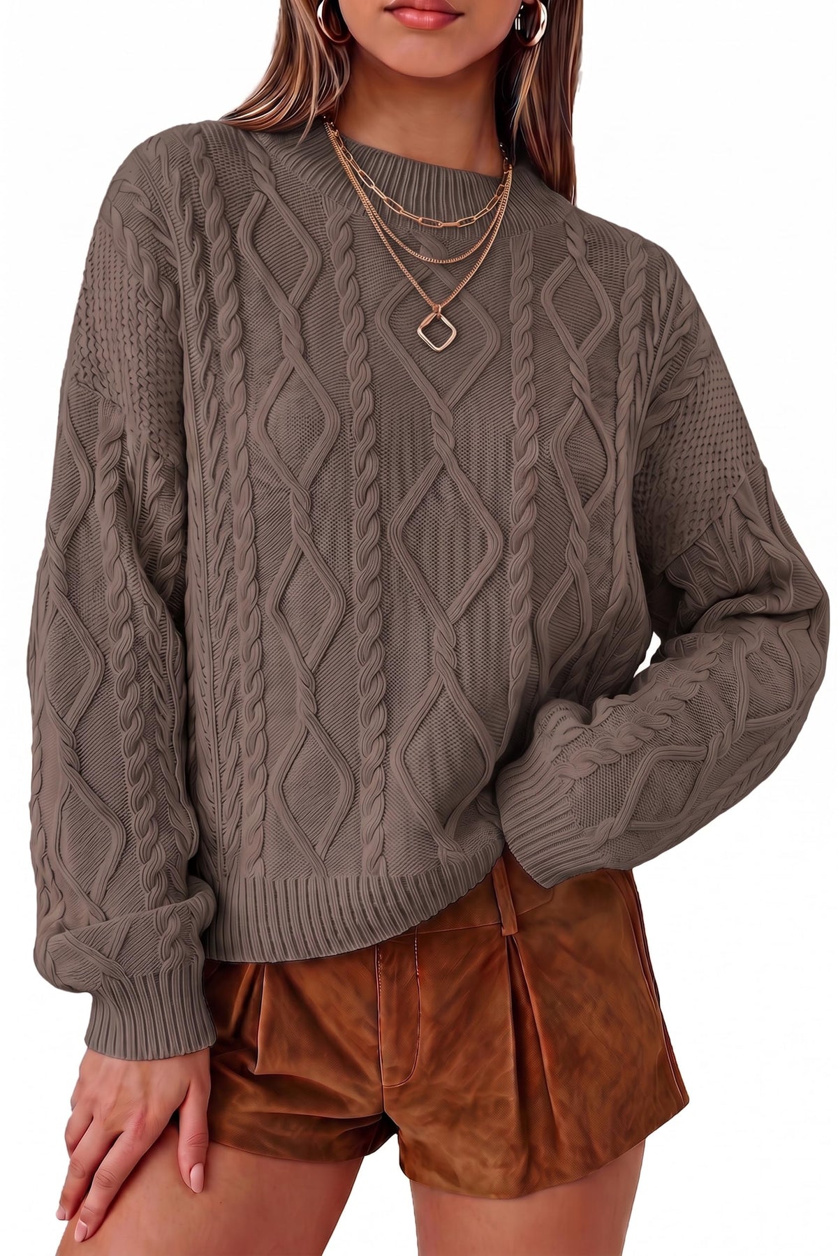 Arach&Cloz Women's Oversized Cropped Cable Knit Casual Sweater Tops
