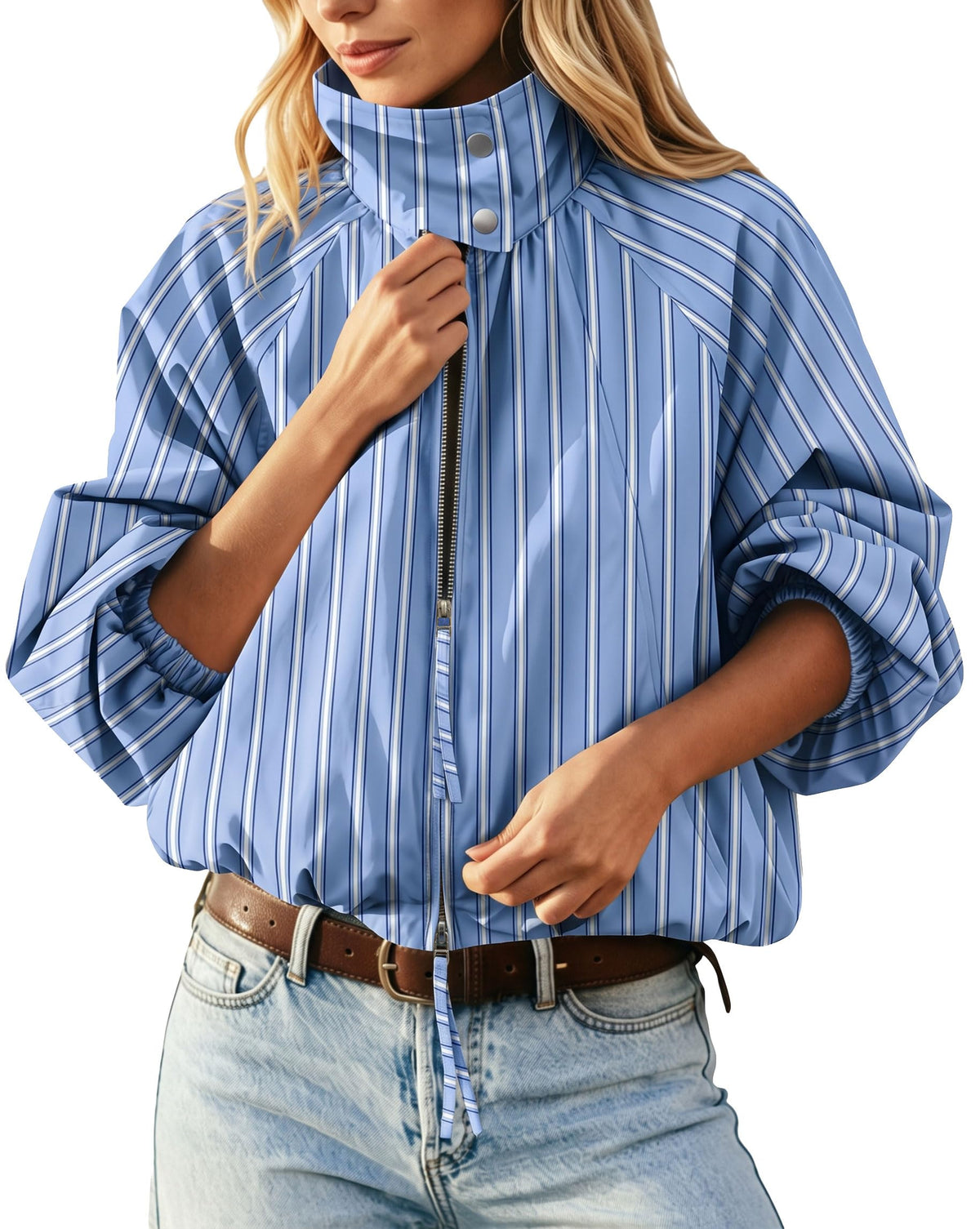 Womens Bomber Jacket Puffed Collar Trench Coat Funnel Neck Cropped Jackets