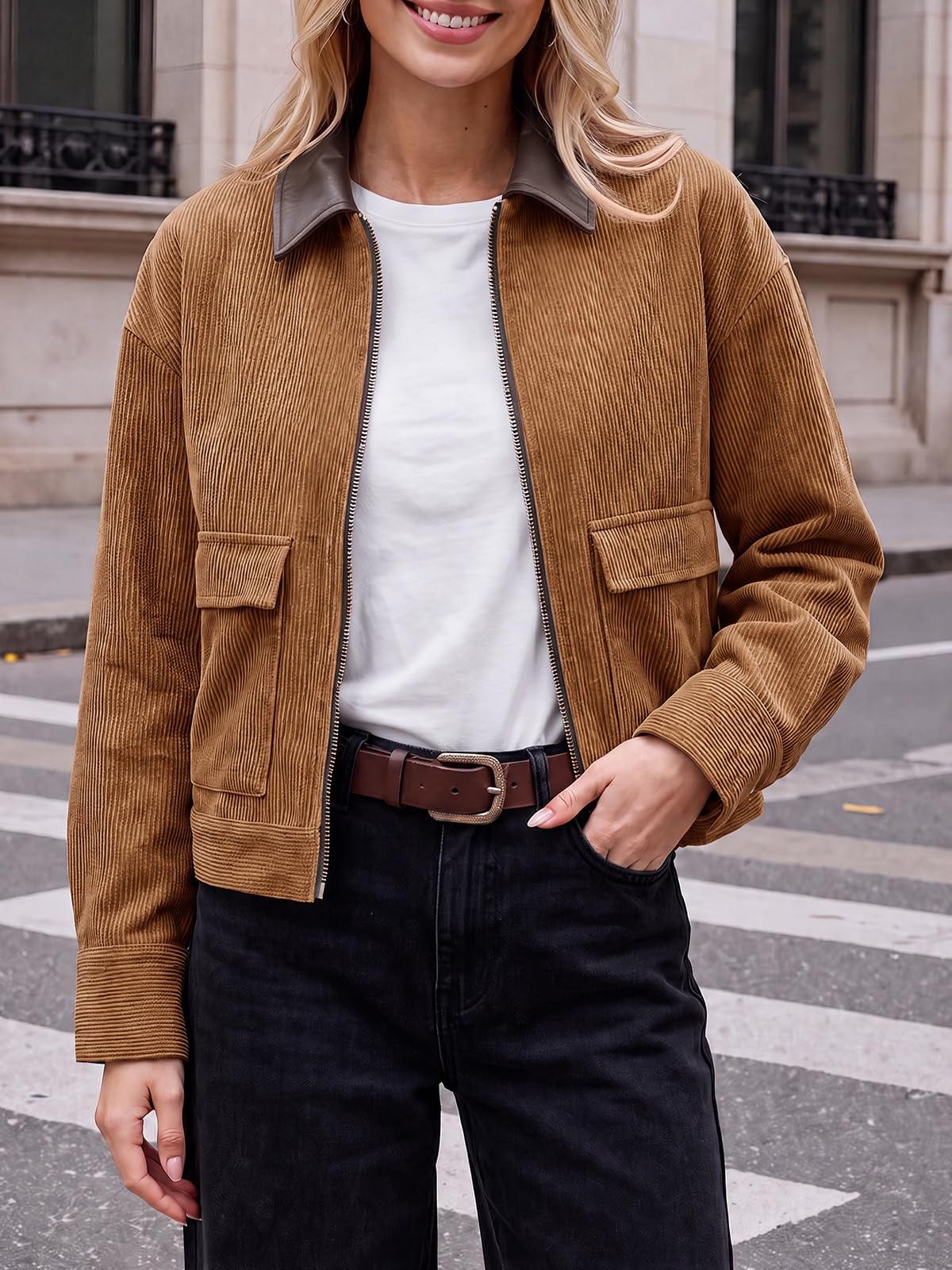 Tankaneo Womens Cropped Corduroy Jackets Oversized Zip Up Barn Bomber Coat