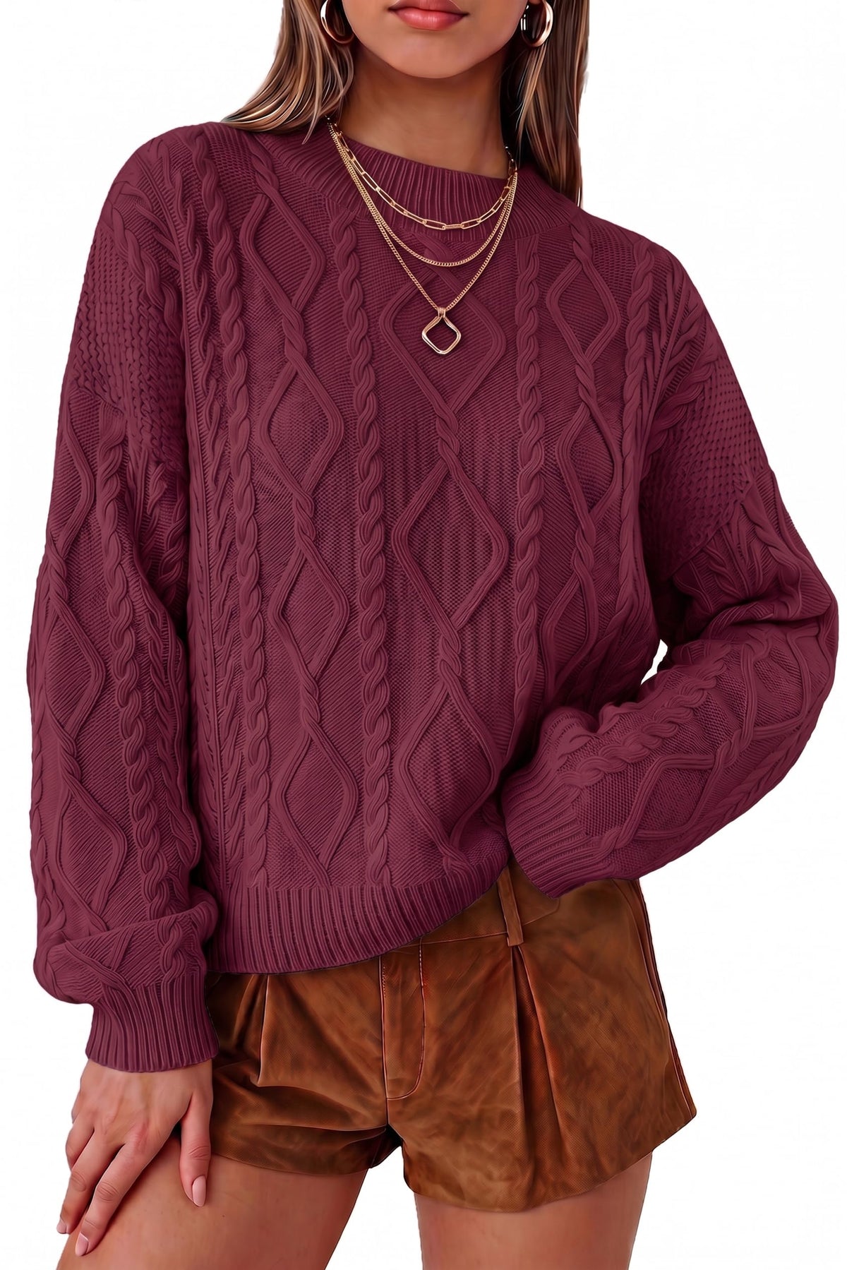 Arach&Cloz Women's Oversized Cropped Cable Knit Casual Sweater Tops