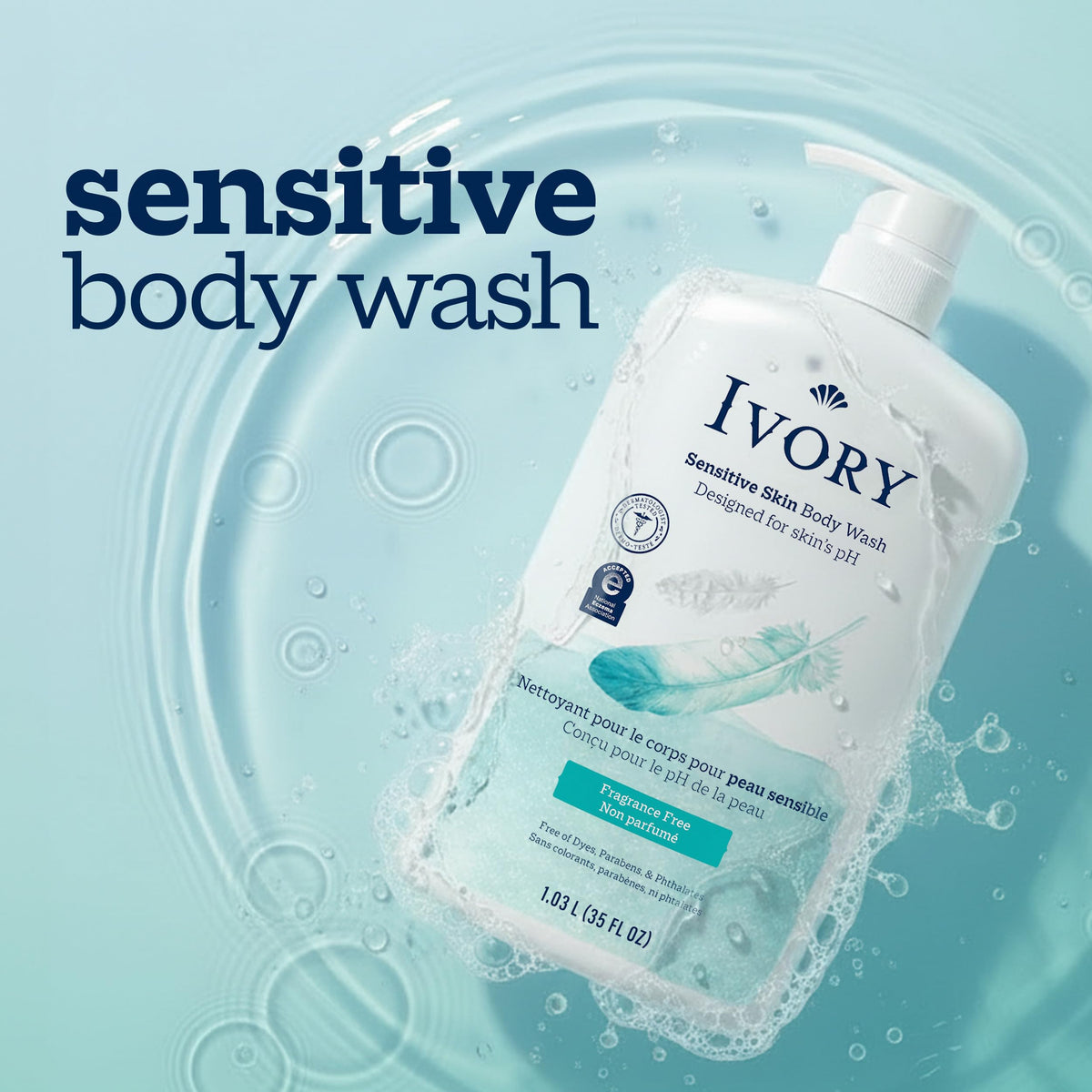 Ivory Body Wash, Designed for the Whole Family, Gentle Formula, Free of Dyes Heavy Perfumes Parabens Phthalates & Silicones, for Sensitive Skin, Designed for Skin's pH, Original Scent, 35 oz