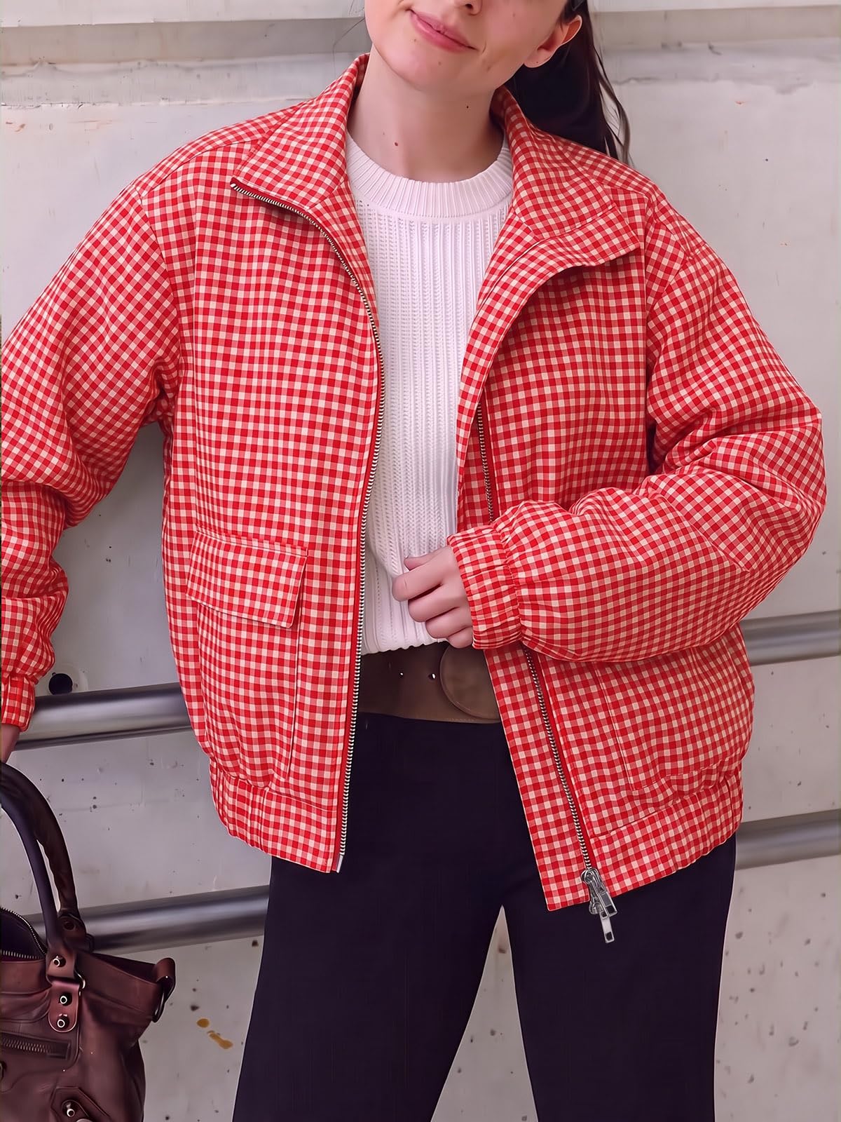 Womens Cropped Plaid Jacket Zip Up Lightweight Casual Coat with Pockets