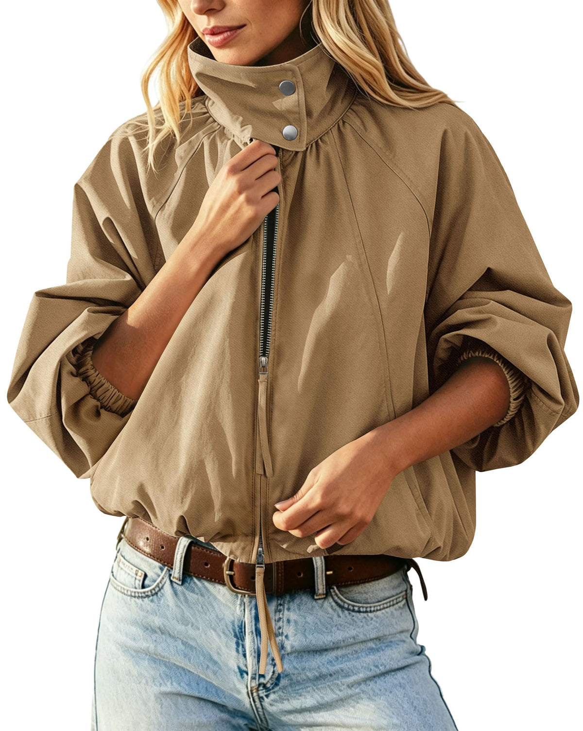 Womens Bomber Jacket Puffed Collar Trench Coat Funnel Neck Cropped Jackets