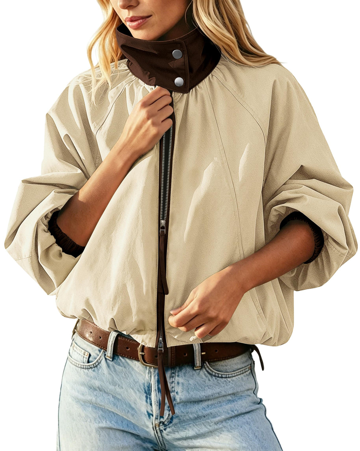 Womens Bomber Jacket Puffed Collar Trench Coat Funnel Neck Cropped Jackets