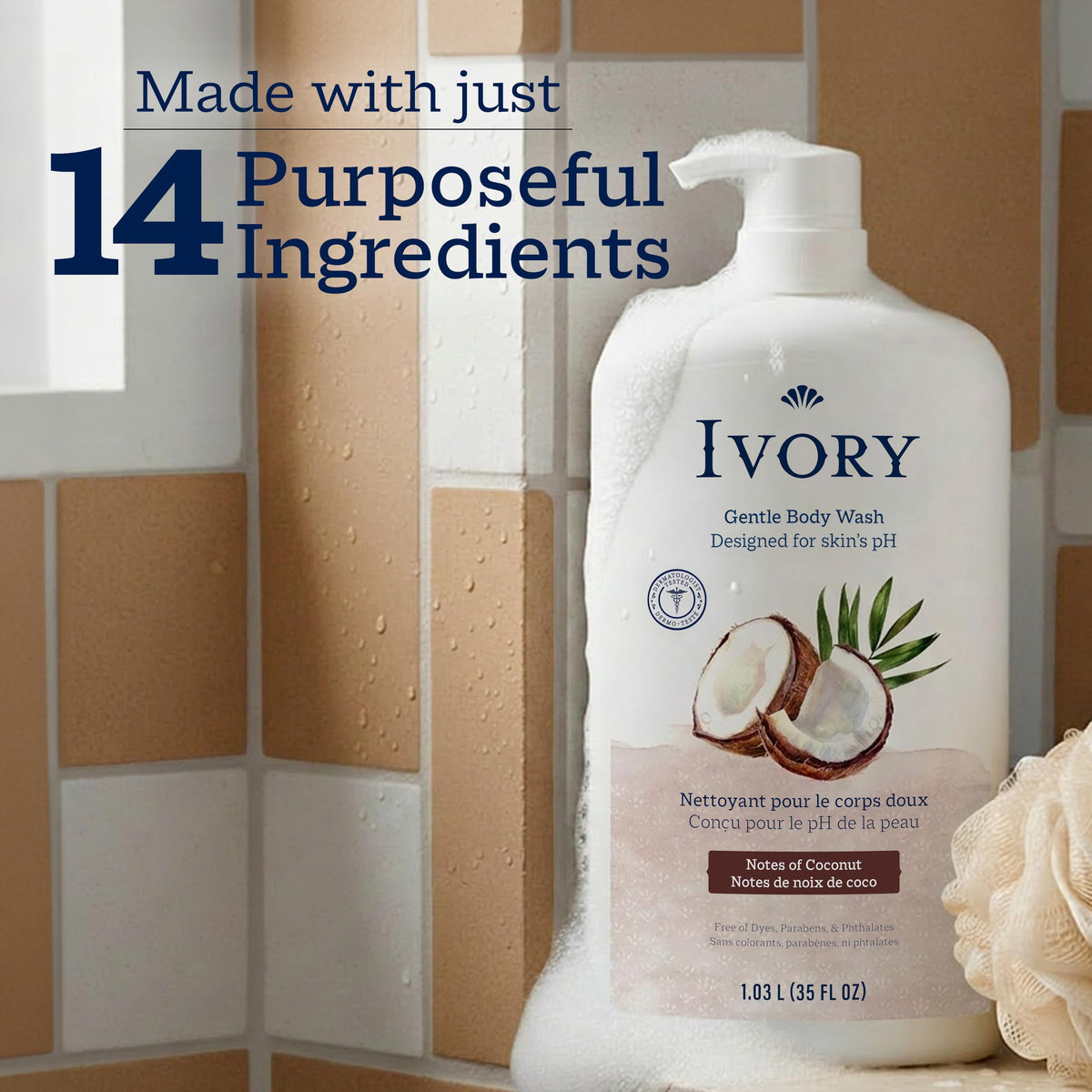 Ivory Body Wash, Designed for the Whole Family, Gentle Formula, Free of Dyes Heavy Perfumes Parabens Phthalates & Silicones, for Sensitive Skin, Designed for Skin's pH, Original Scent, 35 oz