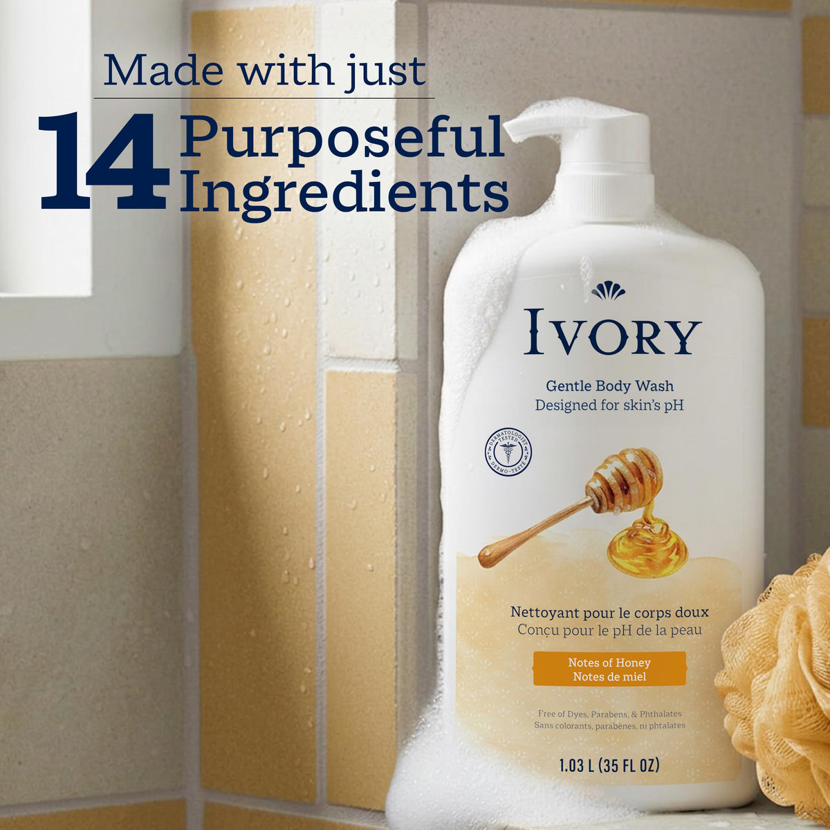 Ivory Body Wash, Designed for the Whole Family, Gentle Formula, Free of Dyes Heavy Perfumes Parabens Phthalates & Silicones, for Sensitive Skin, Designed for Skin's pH, Original Scent, 35 oz