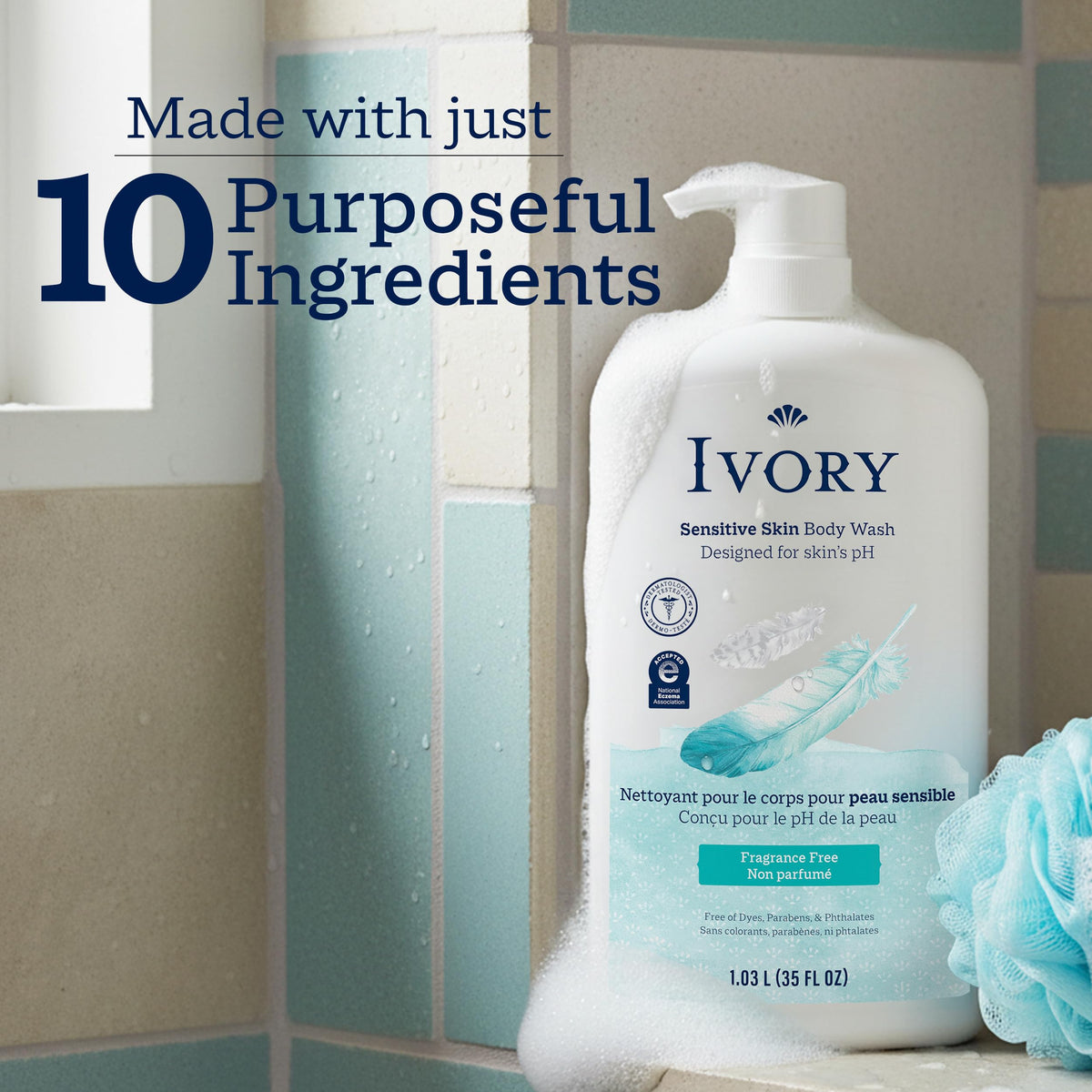 Ivory Body Wash, Designed for the Whole Family, Gentle Formula, Free of Dyes Heavy Perfumes Parabens Phthalates & Silicones, for Sensitive Skin, Designed for Skin's pH, Original Scent, 35 oz