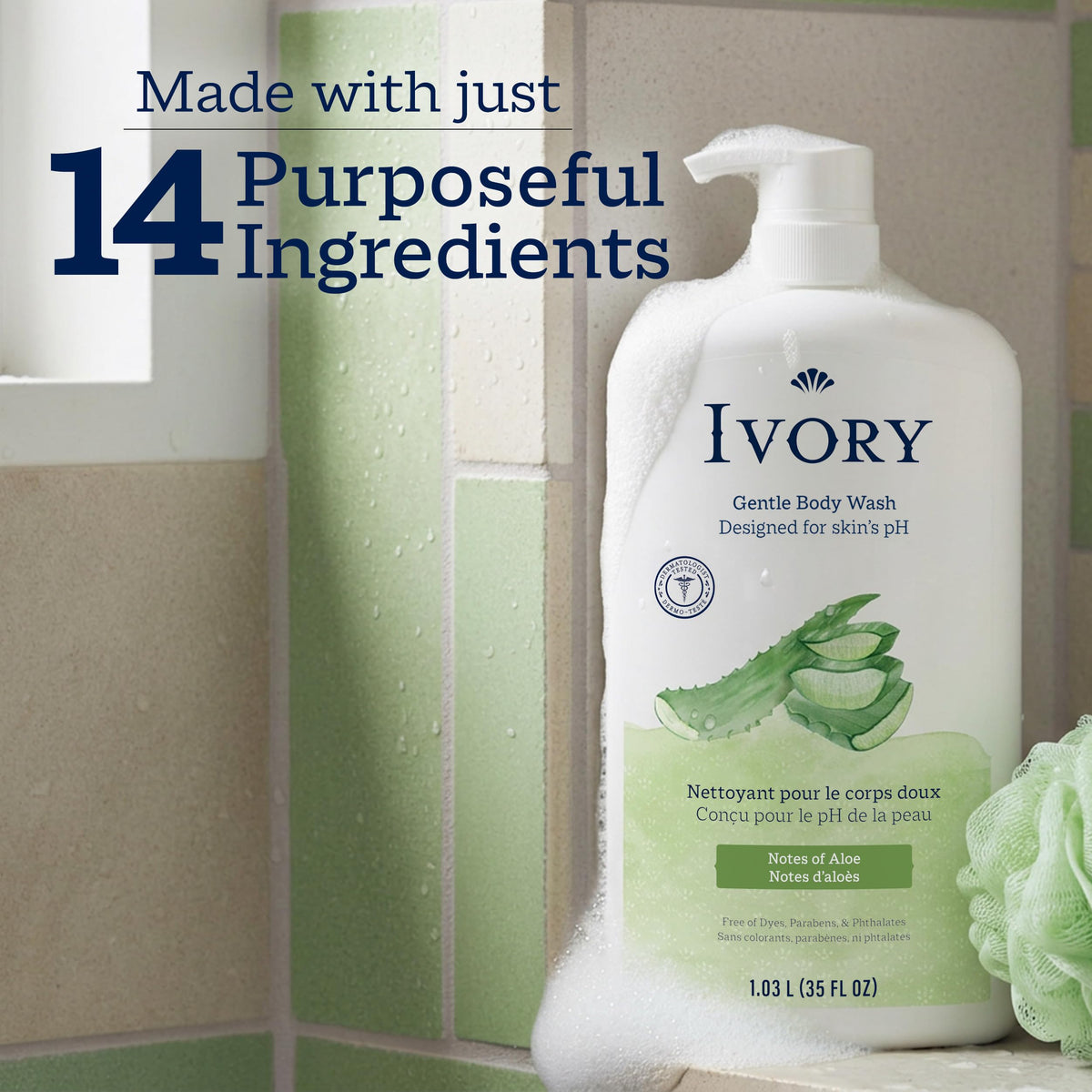 Ivory Body Wash, Designed for the Whole Family, Gentle Formula, Free of Dyes Heavy Perfumes Parabens Phthalates & Silicones, for Sensitive Skin, Designed for Skin's pH, Original Scent, 35 oz
