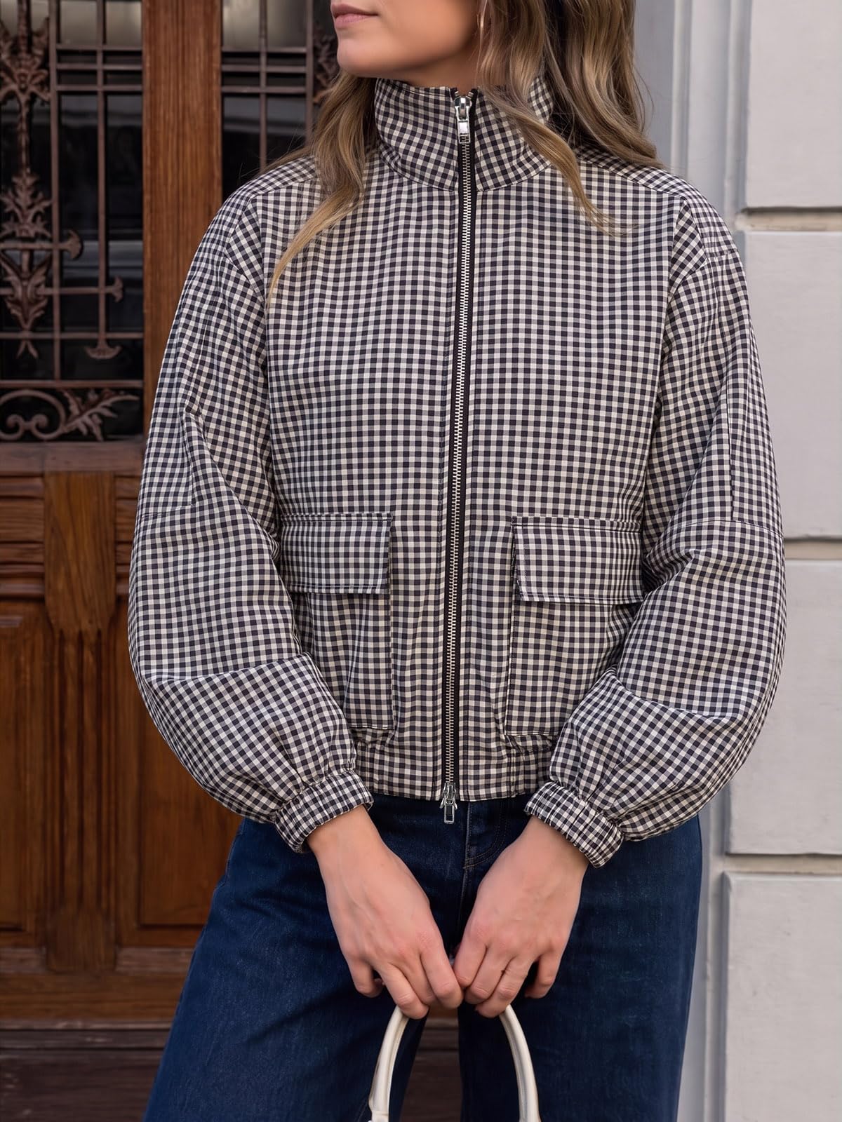 Womens Cropped Plaid Jacket Zip Up Lightweight Casual Coat with Pockets