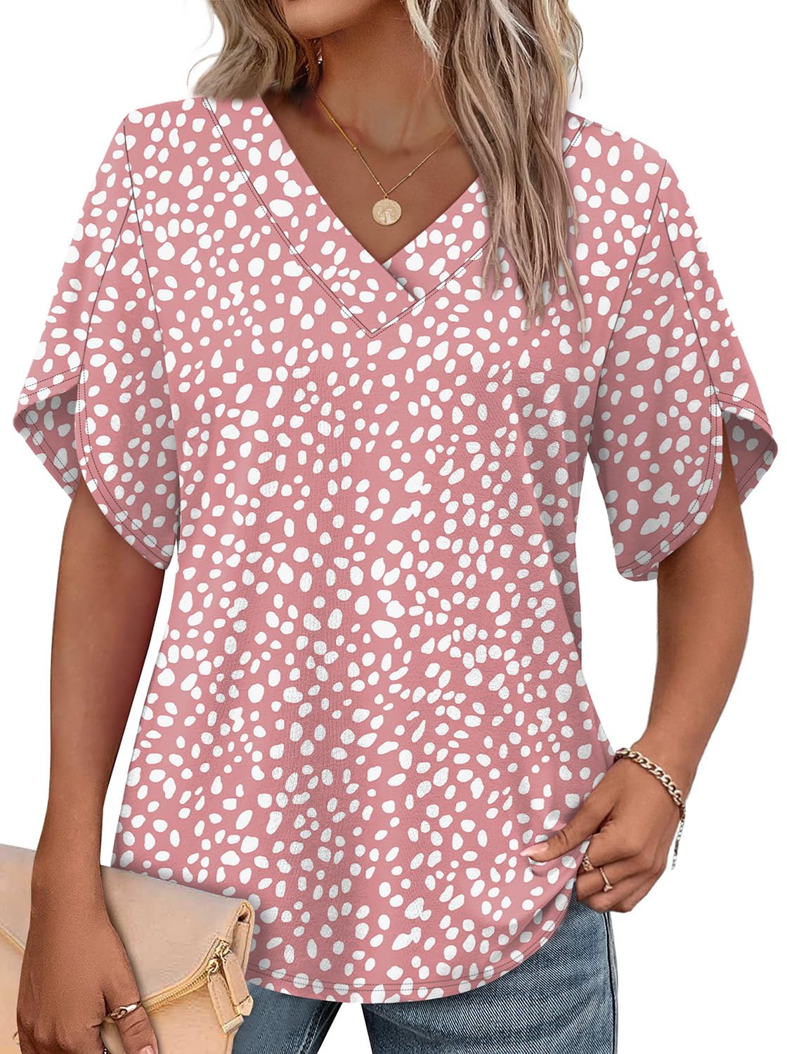 WIHOLL Womens Summer Tops Short Petal Sleeve Shirts Fashion V Neck Womens Clothing