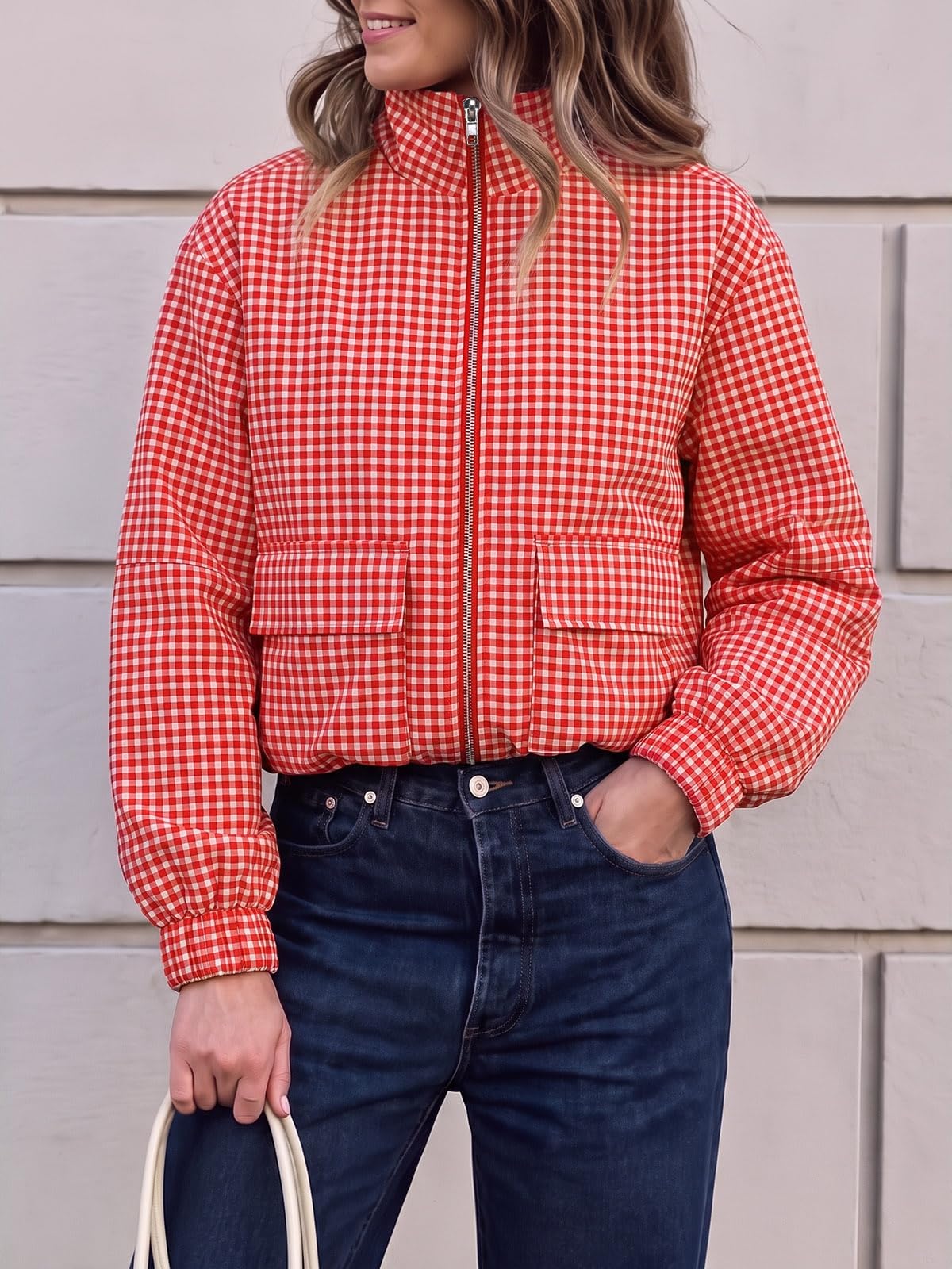 Womens Cropped Plaid Jacket Zip Up Lightweight Casual Coat with Pockets