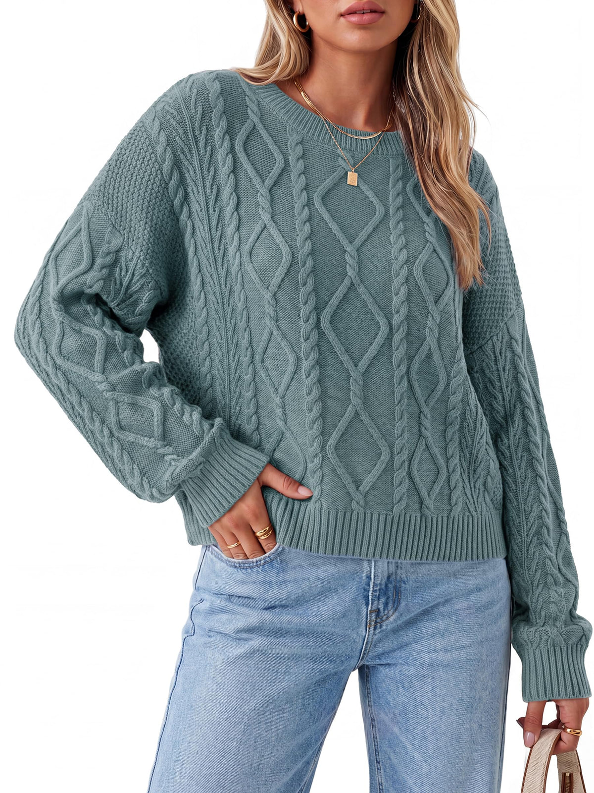 Arach&Cloz Women's Oversized Cropped Cable Knit Casual Sweater Tops
