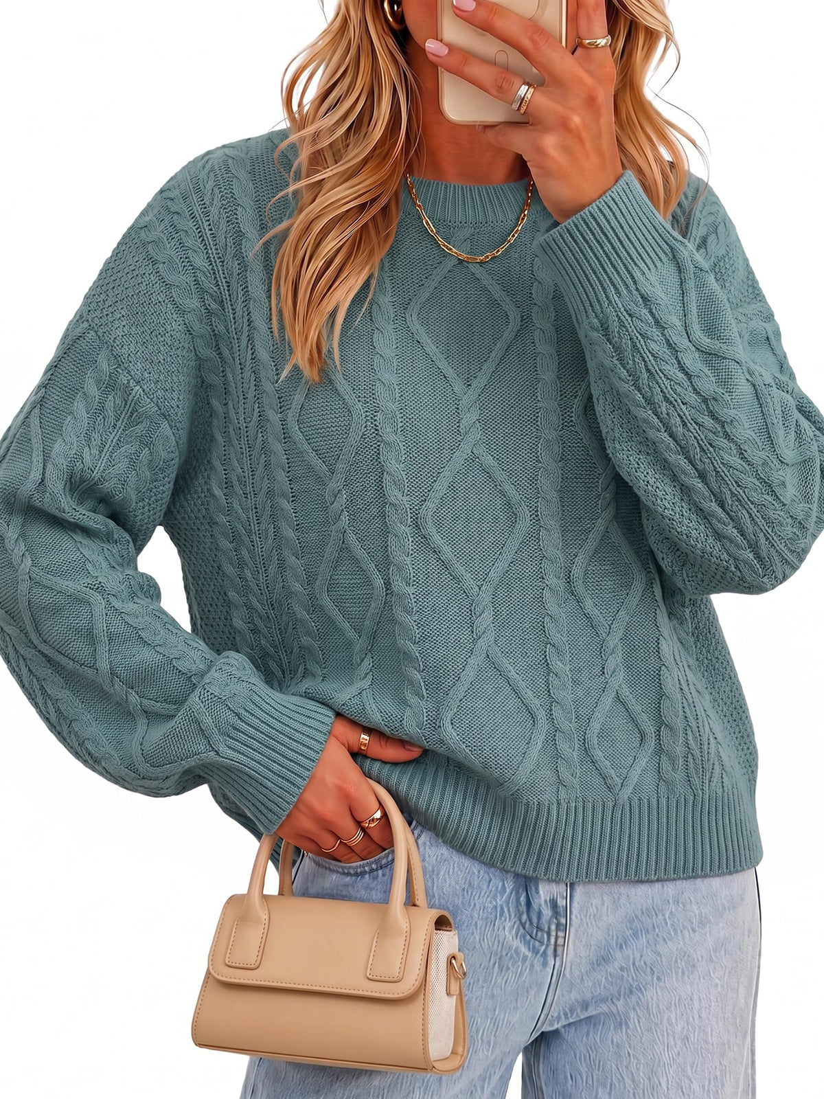 Arach&Cloz Women's Oversized Cropped Cable Knit Casual Sweater Tops