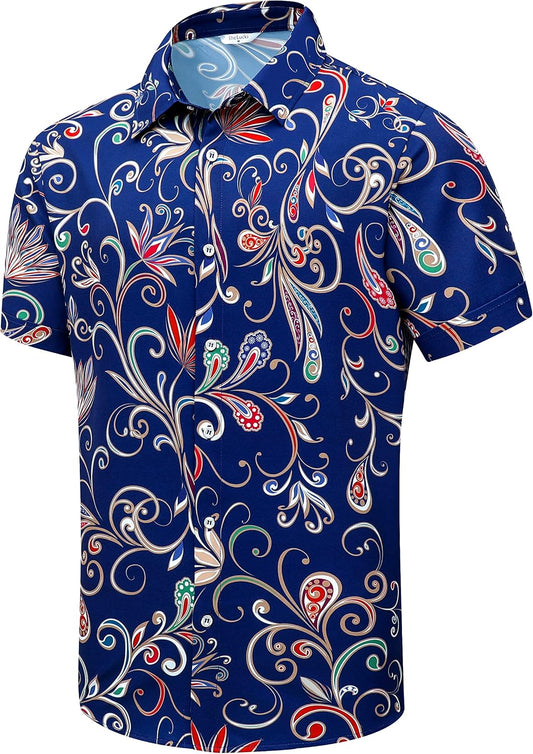 SheLucki Hawaiian Shirt for Men, Unisex Summer Beach Casual Short Sleeve Button Down Shirts, Printed Palmshadow Clothing