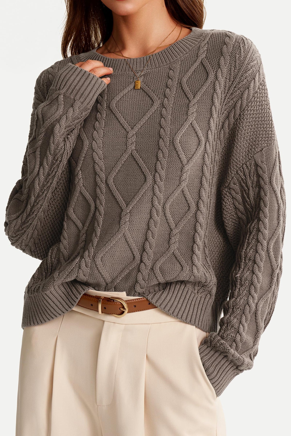 Arach&Cloz Women's Oversized Cropped Cable Knit Casual Sweater Tops