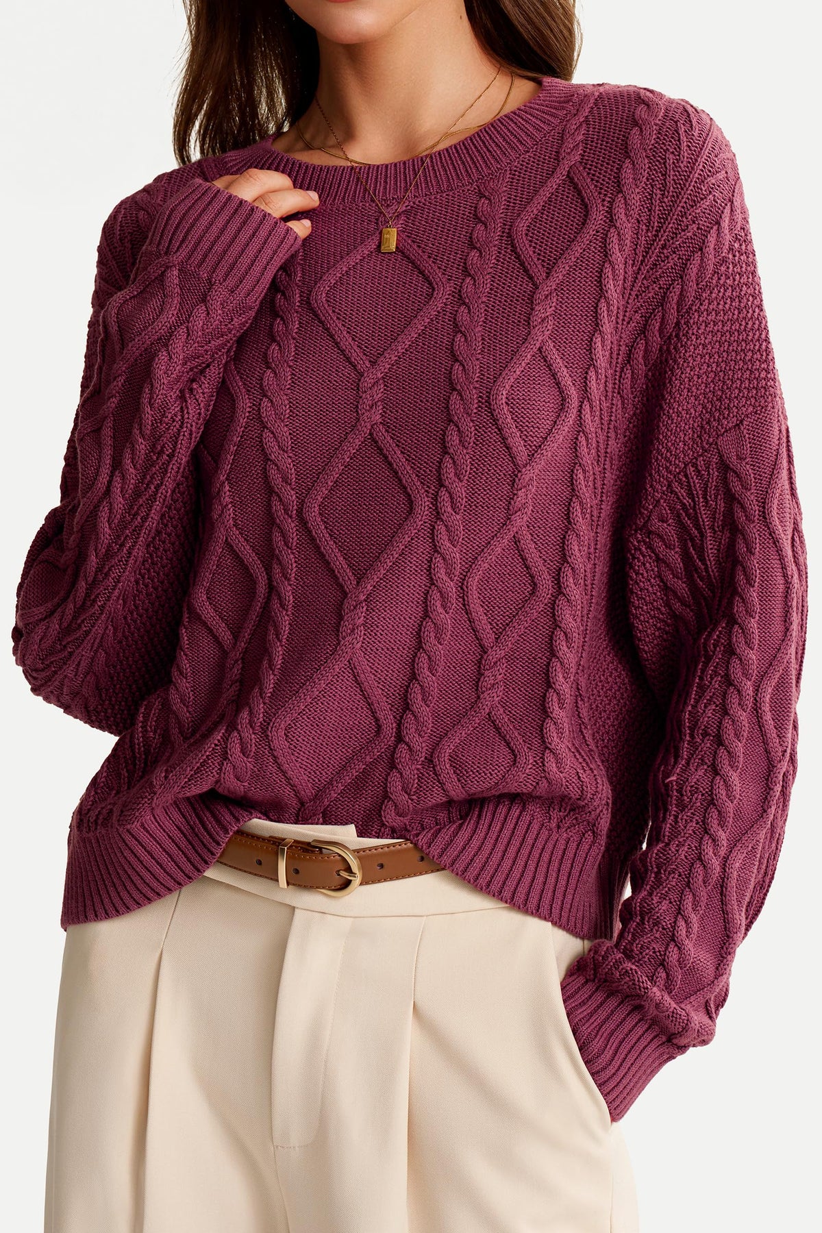 Arach&Cloz Women's Oversized Cropped Cable Knit Casual Sweater Tops