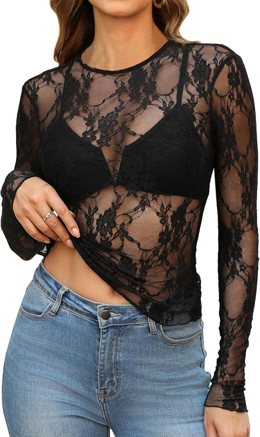 OFEEFAN Womens Mesh Tops Lace Long Sleeve Shirts Crewneck Slim Fitted Outfits See Through Blouses