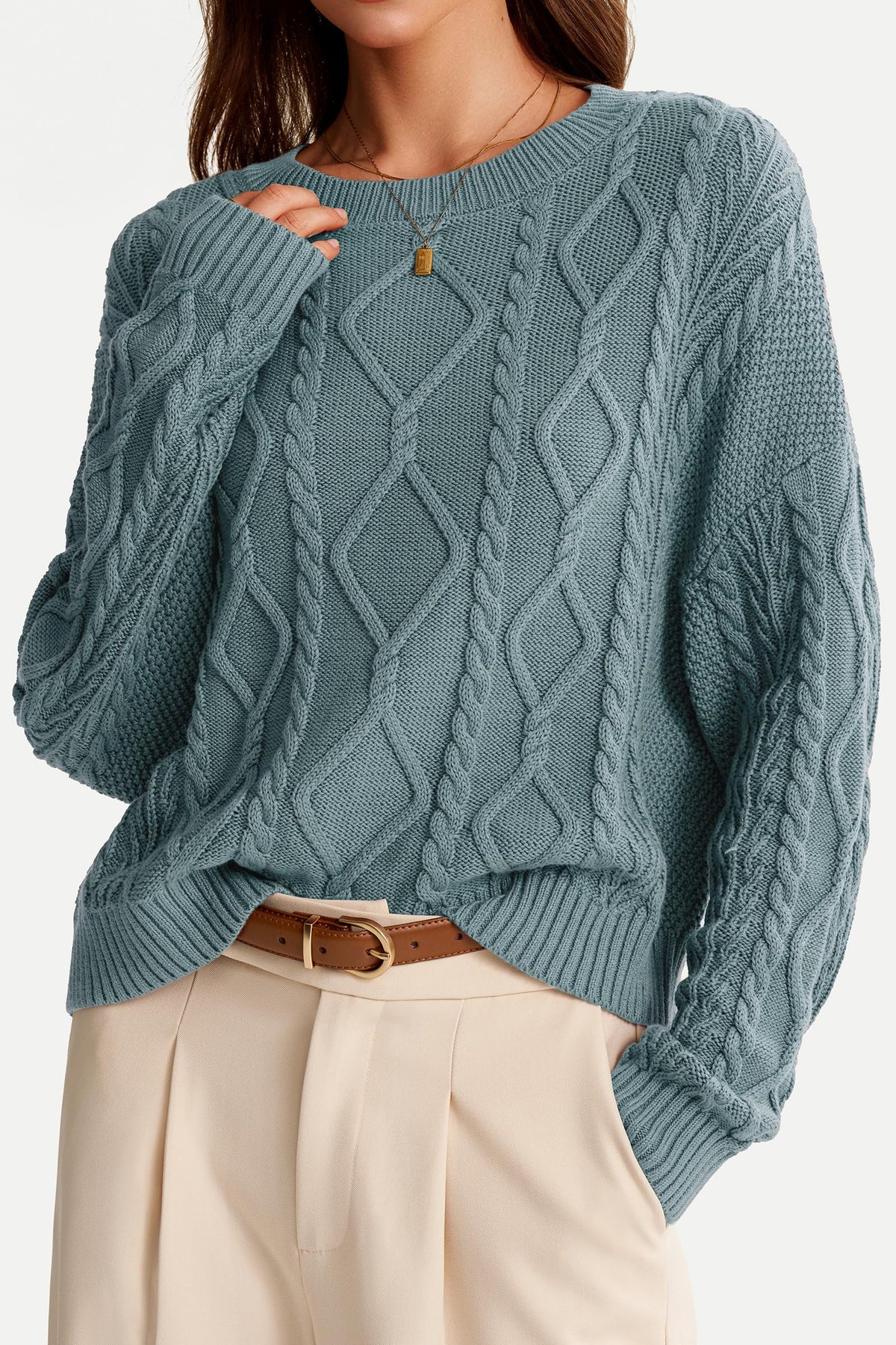 Arach&Cloz Women's Oversized Cropped Cable Knit Casual Sweater Tops