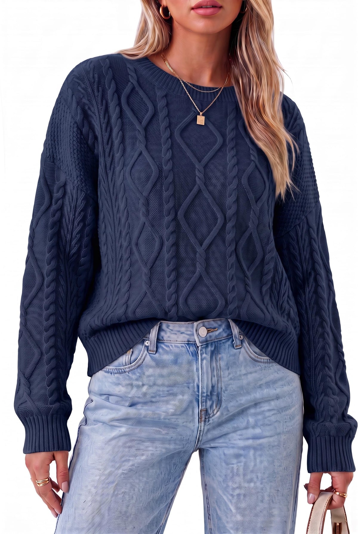 Arach&Cloz Women's Oversized Cropped Cable Knit Casual Sweater Tops