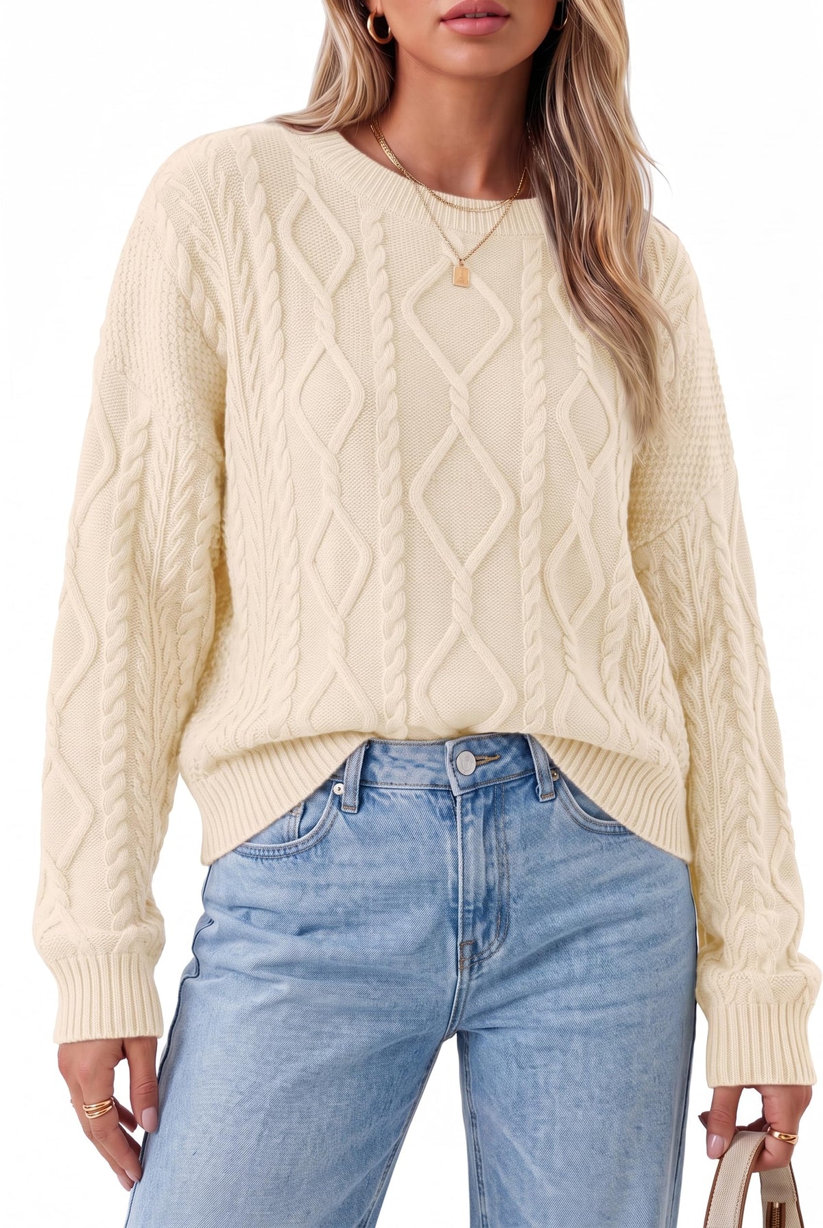 Arach&Cloz Women's Oversized Cropped Cable Knit Casual Sweater Tops