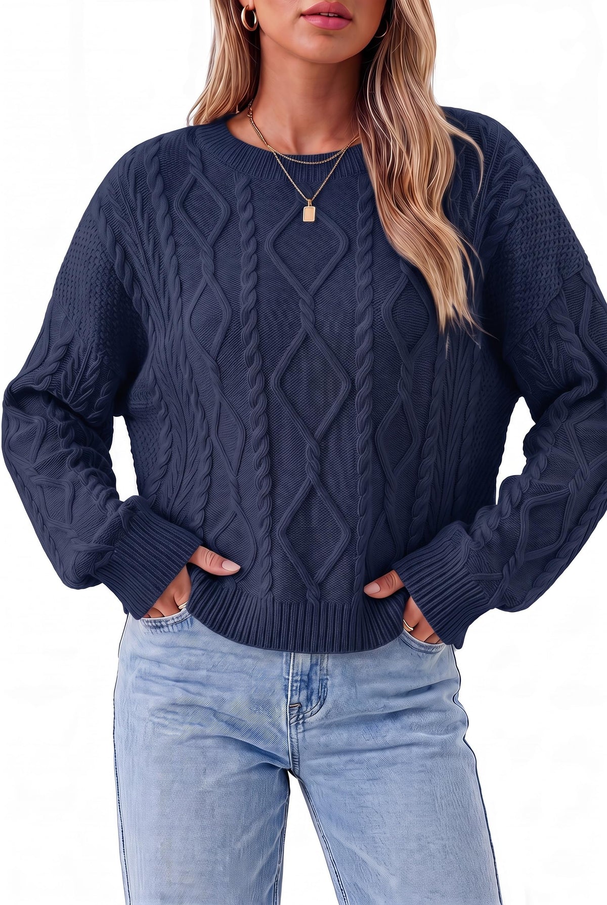 Arach&Cloz Women's Oversized Cropped Cable Knit Casual Sweater Tops