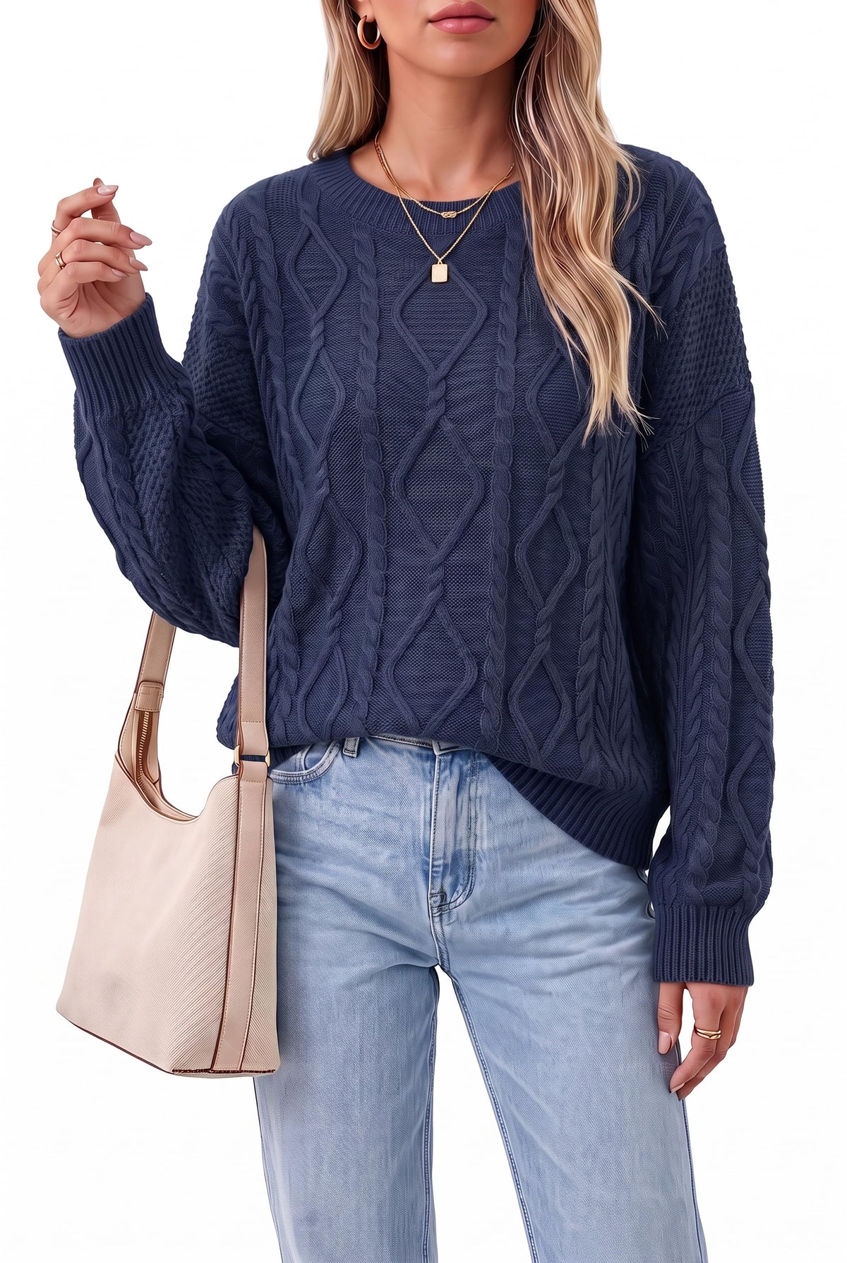 Arach&Cloz Women's Oversized Cropped Cable Knit Casual Sweater Tops